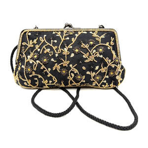 Vintage Lancôme Black Beaded Clutch Crossbody Purse Cord Strap Kiss Lock Clasp